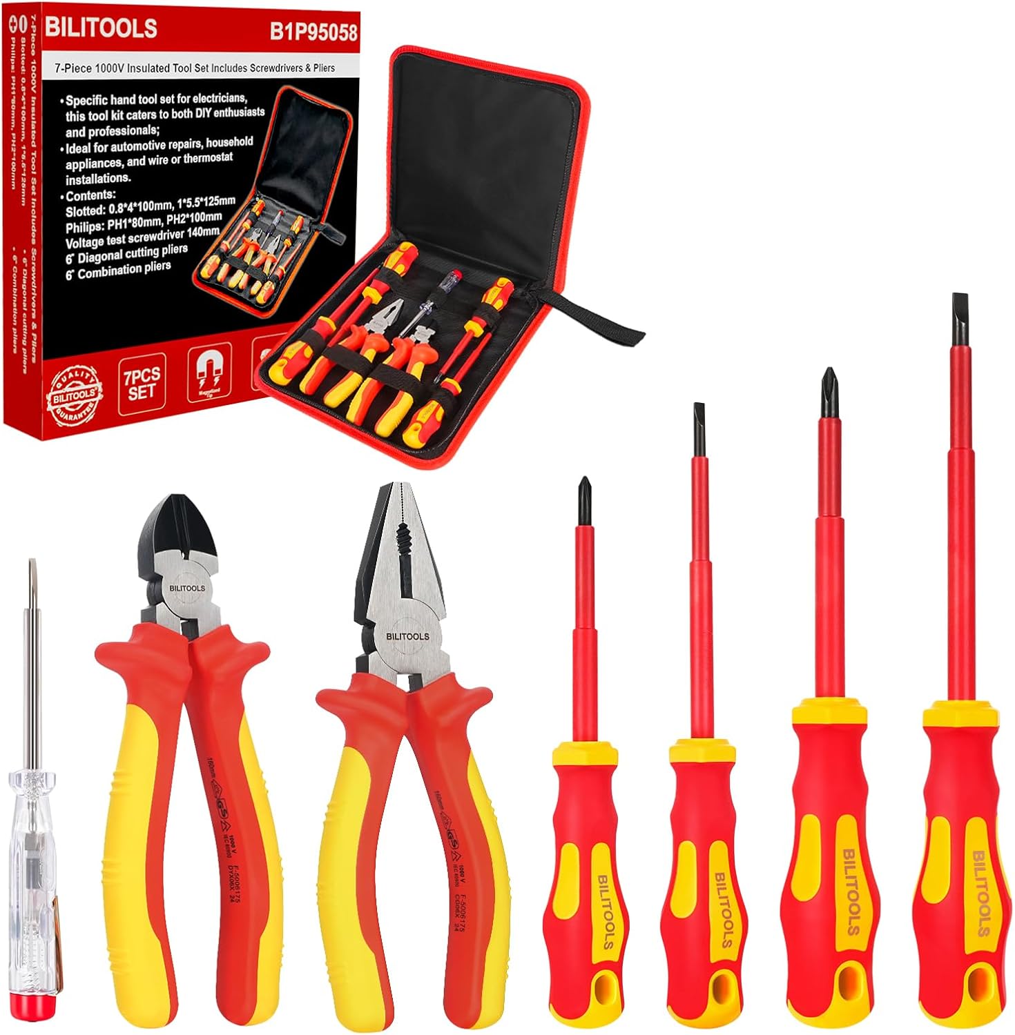 BILITOOLS 1000V Insulated Electrician Screwdriver & Pliers Set - 7pcs Electrical Tools Kit with Magnetic Phillips, Slotted Screwdrivers, VDE & GS Certified
