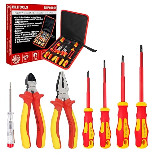 BILITOOLS 1000V Insulated Electrician Screwdriver & Pliers Set - 7pcs Electrical Tools Kit with Magnetic Phillips, Slotted Screwdrivers, VDE & GS Certified