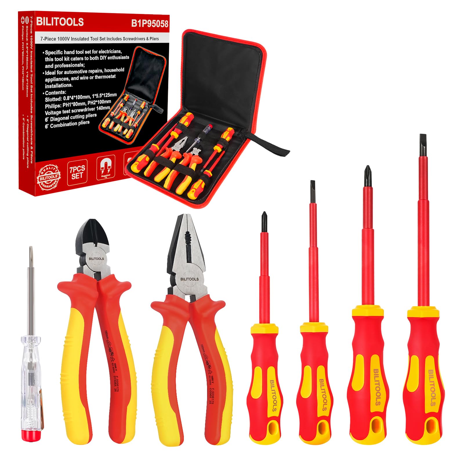 BILITOOLS 1000V Insulated Electrician Screwdriver Pliers Set - 7pcs Electrical Tools Kit with Magnetic Phillips Slotted Screwdrivers VDE