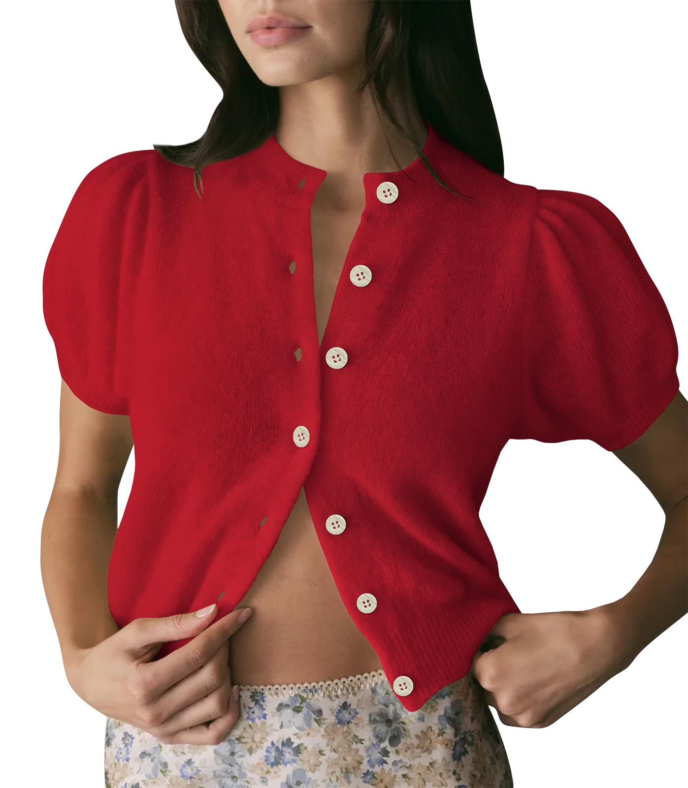 Womens Lightweight Summer Puff Short Sleeve Cardigan Sweaters Button up Y2k Knit Thin Cropped Cardigans