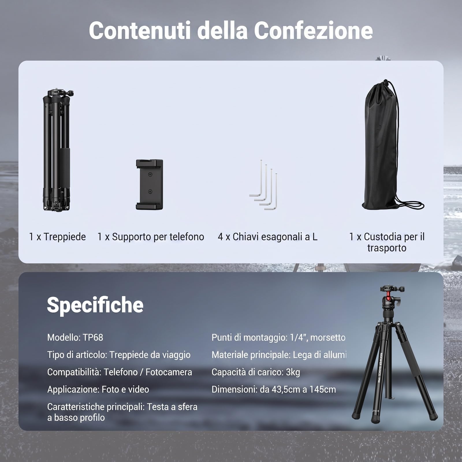 NEEWER BASICS Monopiede Treppiede Fotocamera da 145cm con Piastra QR Arca Testa Sfera Porta Telefono, Tripod da Viaggio Compatto e Portatile per iPhone DSLR Videocamera Video Streaming, Max 3kg, TP68