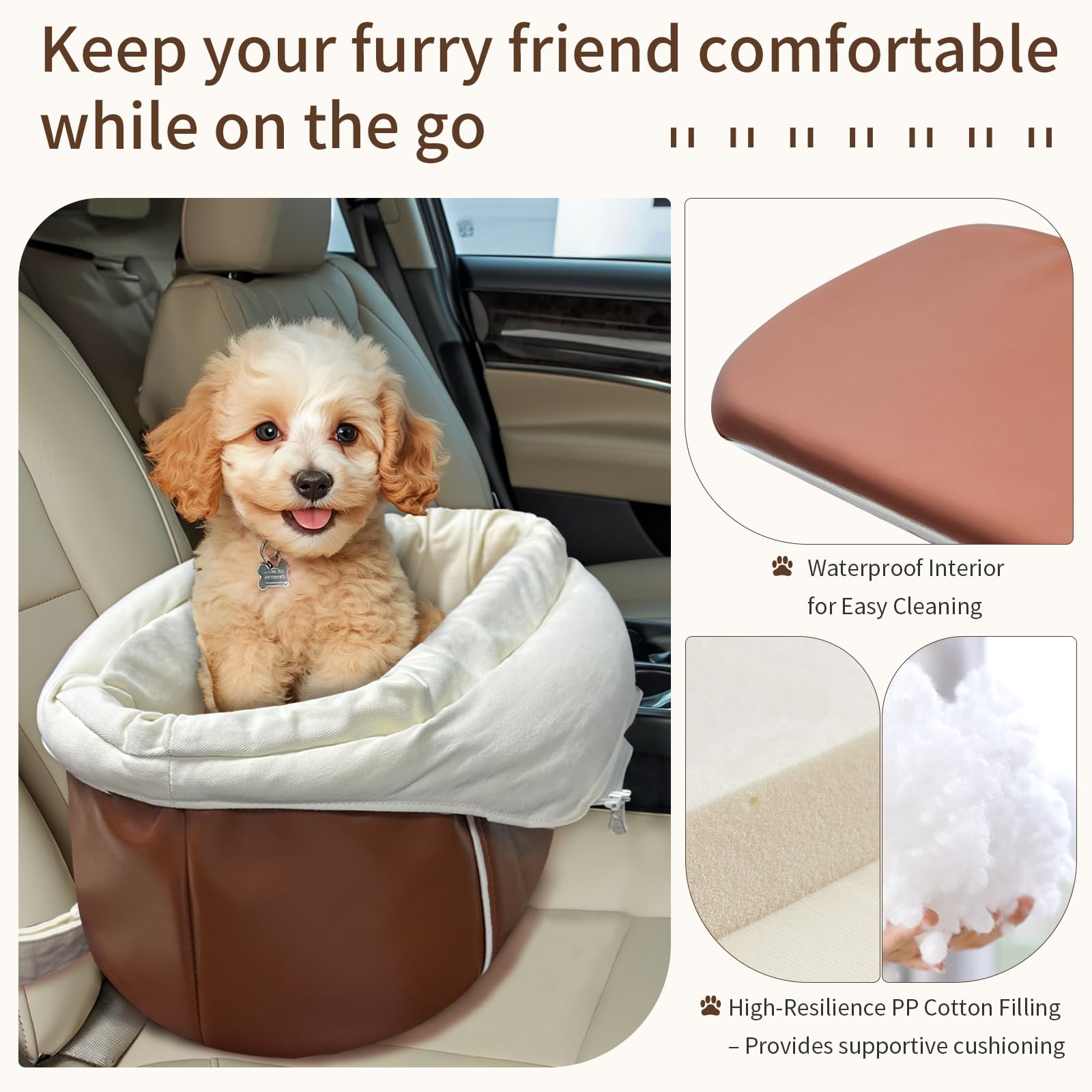 Asiento de coche para perros pequeños, asiento elevador portátil con cinturón de seguridad, base antideslizante y bolsillos de almacenamiento, se adapta a perros de hasta 11 libras (cuero