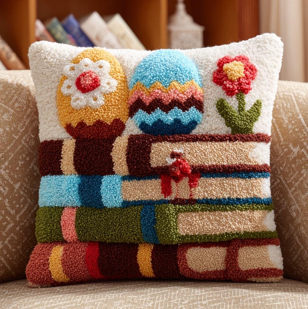 WallustrioaW Latch Hook Kits Pillow,Books and Easter Eggs,Printed Canvas Cushion DIY Kit Embroidery Pillowcase Rug Cover Home Sofa Christmas Decoration,17x17in