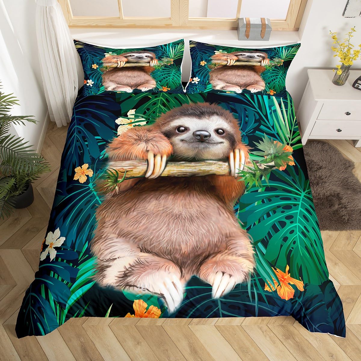 Kids Cute Sloth Bedding Set Cartoon Animal Comforter Cover for Boys Girls Funny Lazy Sloth Tropical Leaves Floral Print Duvet Cover Nature Themed Bedspread Room Decor Quilt Cover Junior/Cot Bed