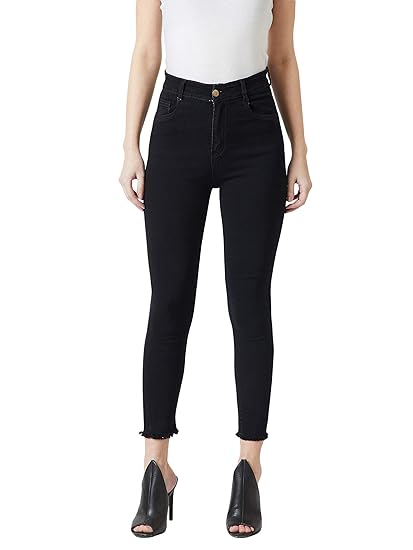 Miss Chase Womens Black Skinny Fringed Detailing High Rise Clean Look Solid Cropped Stretchable Denim Jeans