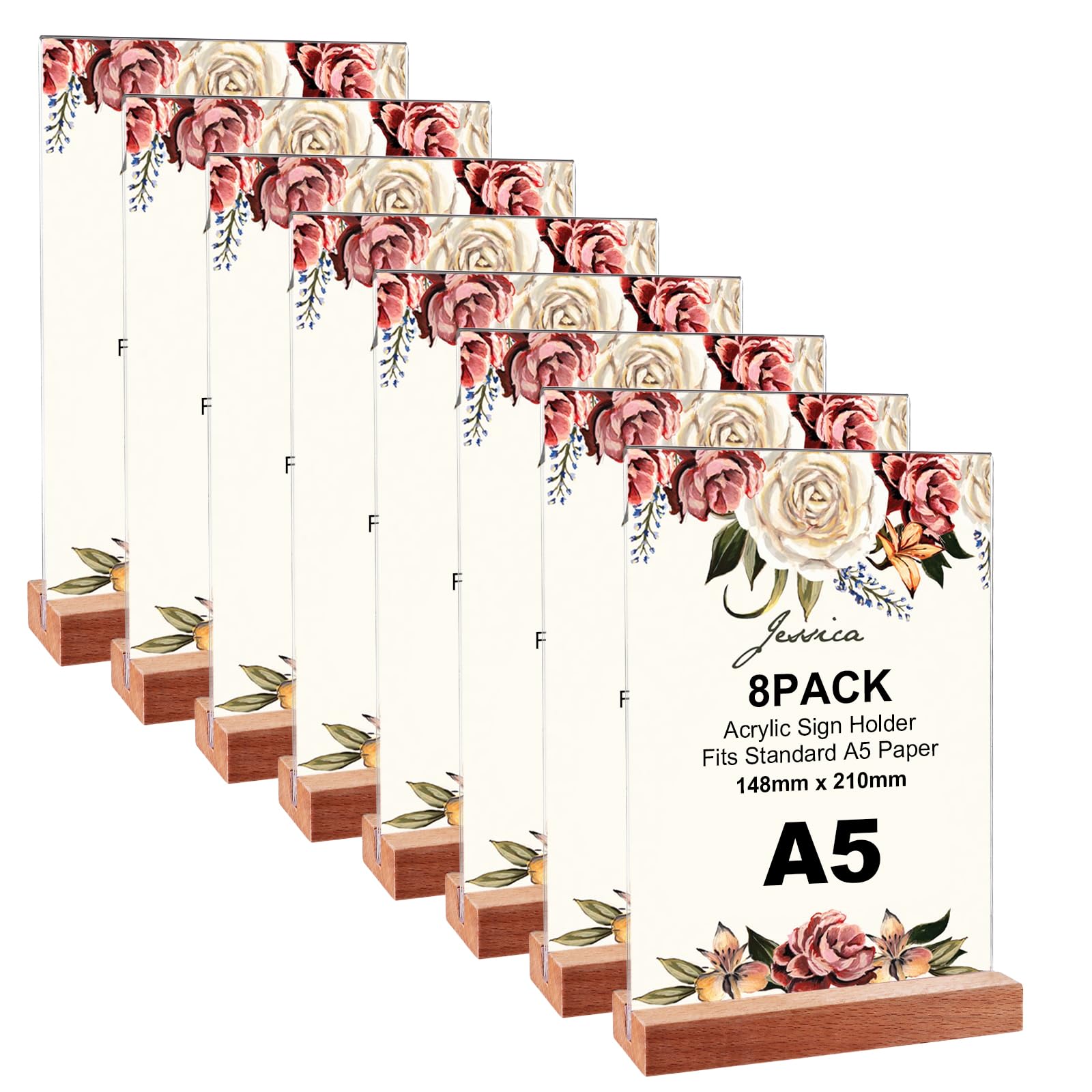 8 Stück Tischaufsteller A5, A5 Aufsteller Holzsockel, T-Ständer Werbeaufsteller, Doppelseitig Schildhalter, Acryl Aufsteller Din A5, Werbeaufsteller Menükartenhalter für Restaurants, Büro, Cafe