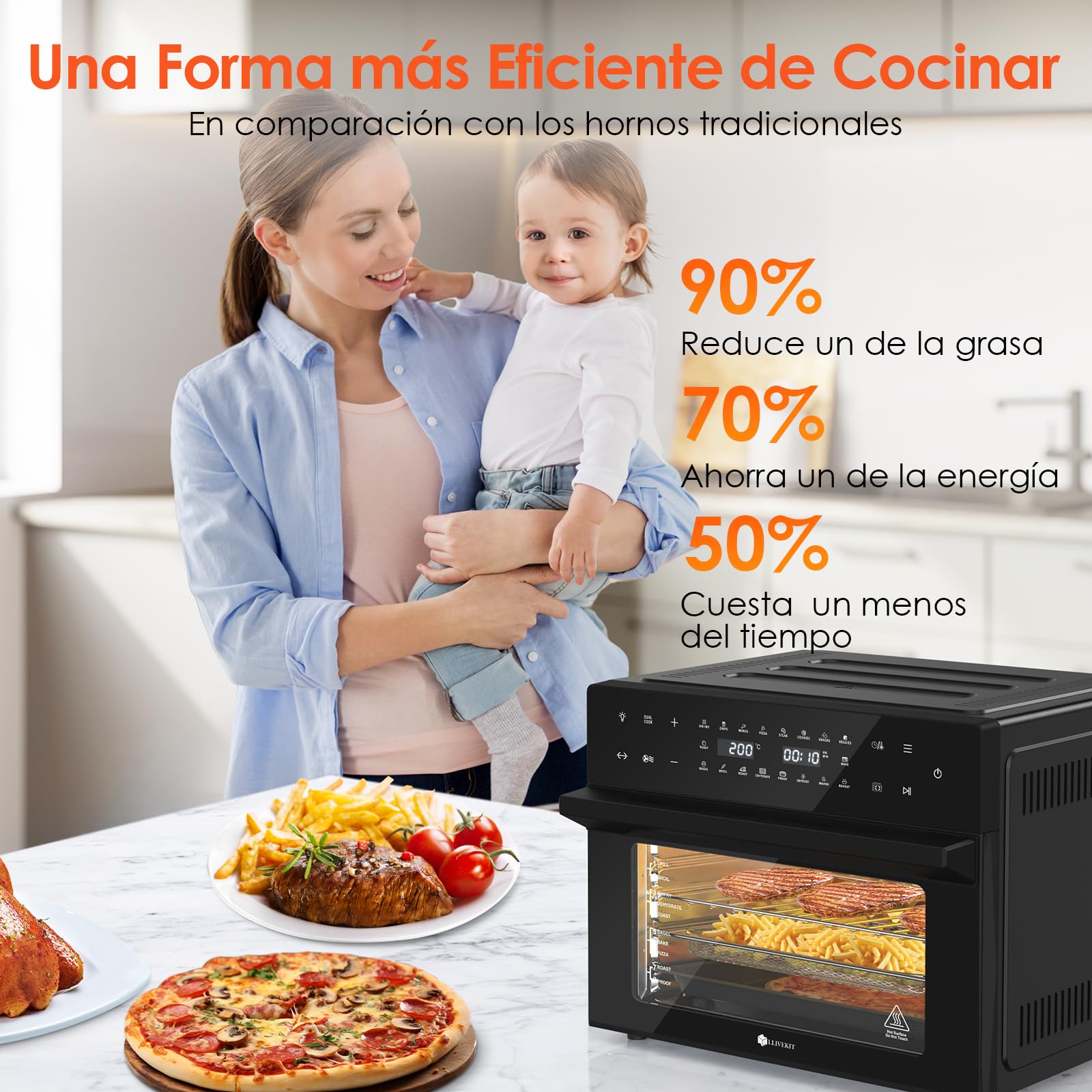 LLIVEKIT Freidora de Aire XXL 30 L con Asador Giratorio, 20 Programas | Horno Freidora sin Aceite con 9 Accesorios, Air Fryer Pantalla Táctil LED, Convección con Recetas, 1800W, 80°C-230°C