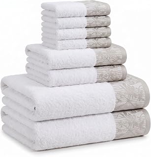 Superior Floral Jaquard Cotton Bathroom Towels, 8pc Towel Set, White | Soft Absorbent Quick Dry Terry Weave, Hotel Quality, Wisteria Towels Includes 2 Bath Towels, 2 Hand Towels, 4 Washcloths
