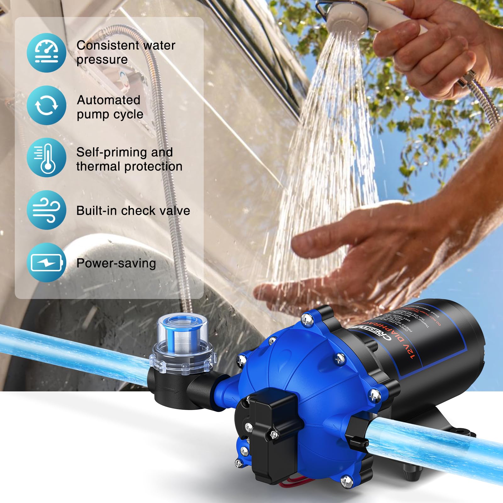 CrestWave Zestaw pompy myjącej 12 V DC, 7 GPM 70 PSI do łodzi z dyszą natryskową, 5-komorowa samozasysająca membranowa pompa wodna z przełącznikiem ciśnieniowym i sitkiem do łodzi, kamperów, morskich
