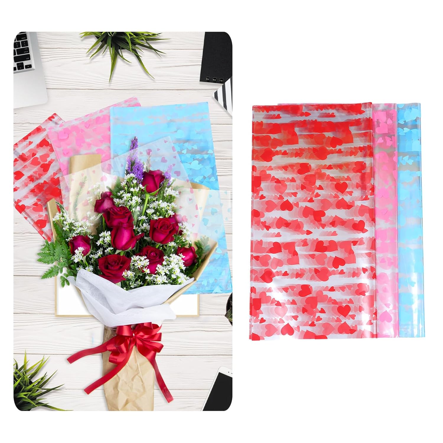 3 Packs Heart Pattern Flower Wrapping Paper Set, Pink Red Blue Floral Packaging Paper for DIY Bouquet Wrapping, Crafting, Florist Supplies, Valentine’s Day and Wedding Decor