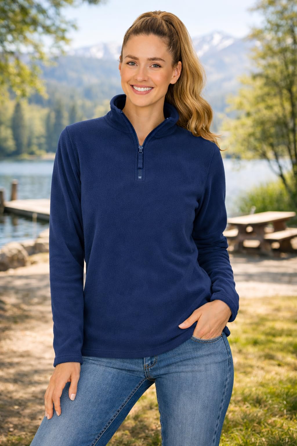 Blu Apparel Pull en polaire à fermeture éclair 1/4 pour femme - Pull chaud pour randonnée, plein air, camping