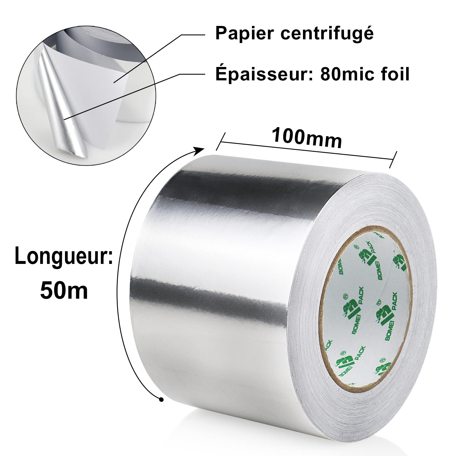 BOMEI PACK Large Ruban adhésif en aluminium - 100 mm x 50 m - ruban métallique très résistant, résistant à la chaleur, parfait pour l'étanchéité et le colmatage, réparation des métaux