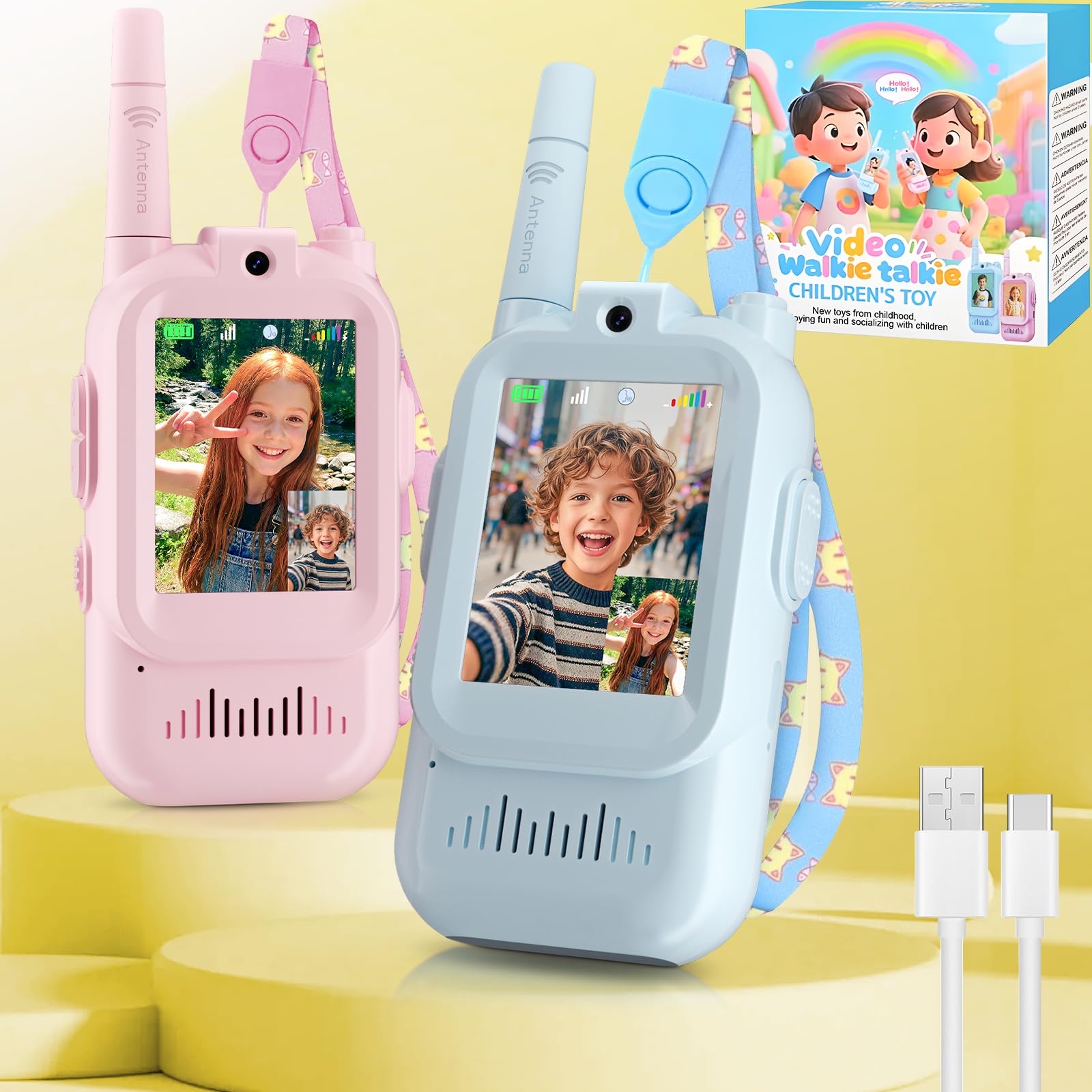 Talkie walkie vidéo pour Enfants, Cadeau pour Les garçons et Les Filles à partir de 3 Ans, Talkie-walkie Rechargeable, Jeux et Jouets pour Enfants, Coloris Rose et Bleu
