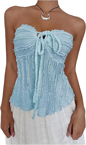 SOLY HUX Top de tubo asimétrico sin tirantes con ribete de volantes para mujer