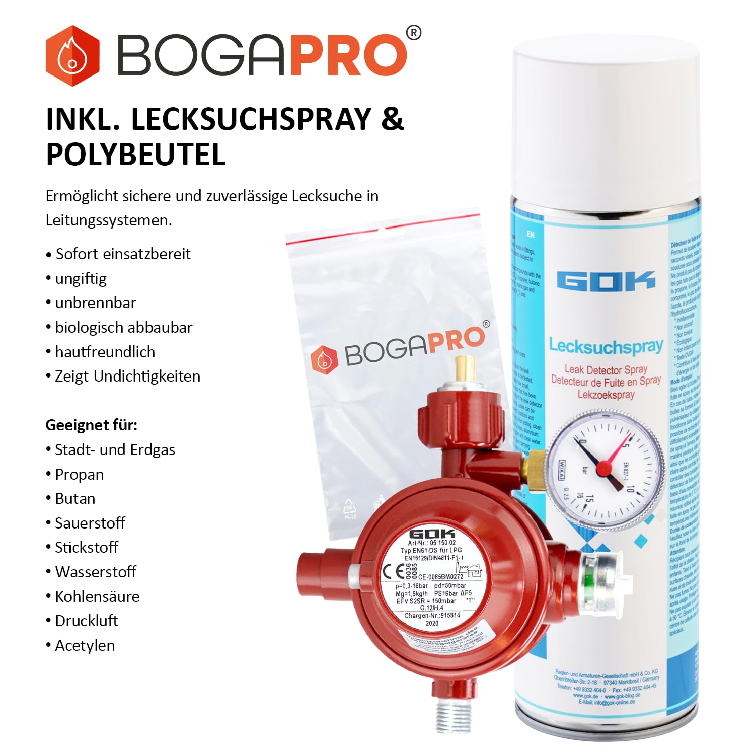 Haushaltsregler und Lecksuchspray 400ml, Gasregler für Gas Grill, Betriebsdruck 50 mbar mit SBS inkl. Spray zur Lecksuche bei Dichtheits- und Gasdruckprüfungen, inkl. Polybeutel