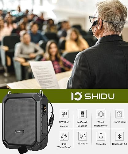Miniatura 2 de SHIDU Amplificador de Voz para Profesor con Micrófono Portátil y Altavoz, Megáfono de 18W con Auriculares de Micrófono Cableado, IPX5 Impermeable