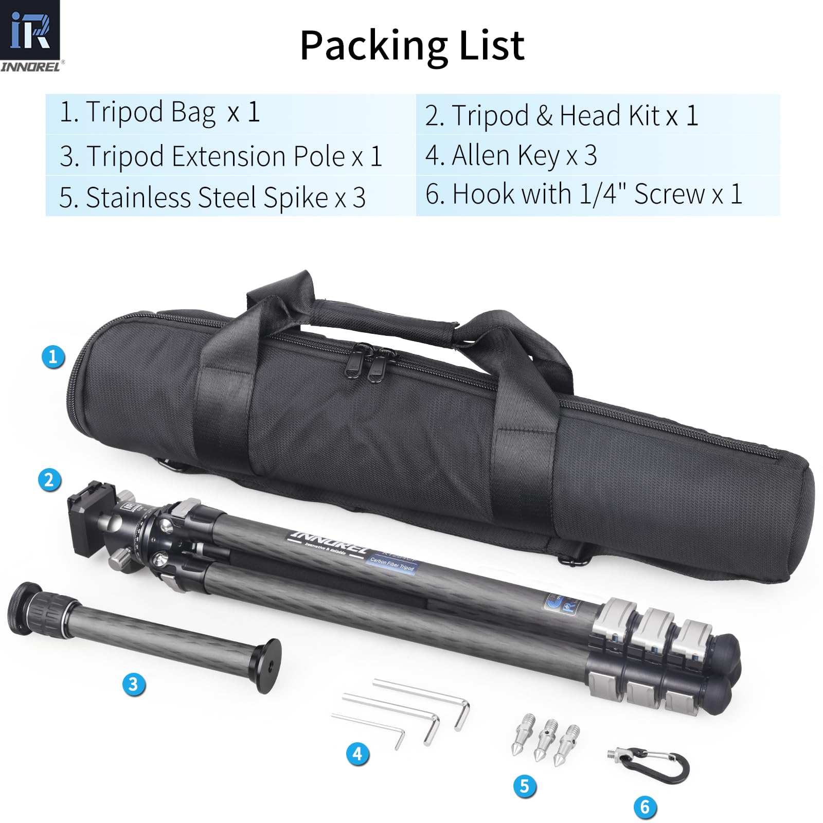 Kt254cf - innorel trépied Professionnel à clapet Rapide en Fibre de Carbone 25,6 mm Support Compact et léger avec tête sphérique à Double Encoche en U Mince d36 pour caméscopes Reflex numériques