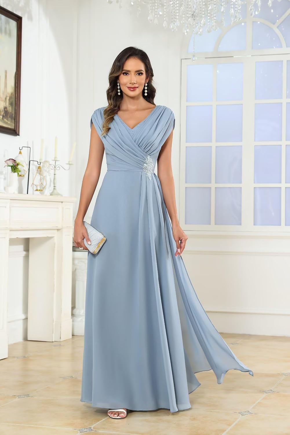 Women's V Neck Mother of The Bride Dresses Long Cap Sleeve Chiffon Pleated Formal Evening Gown