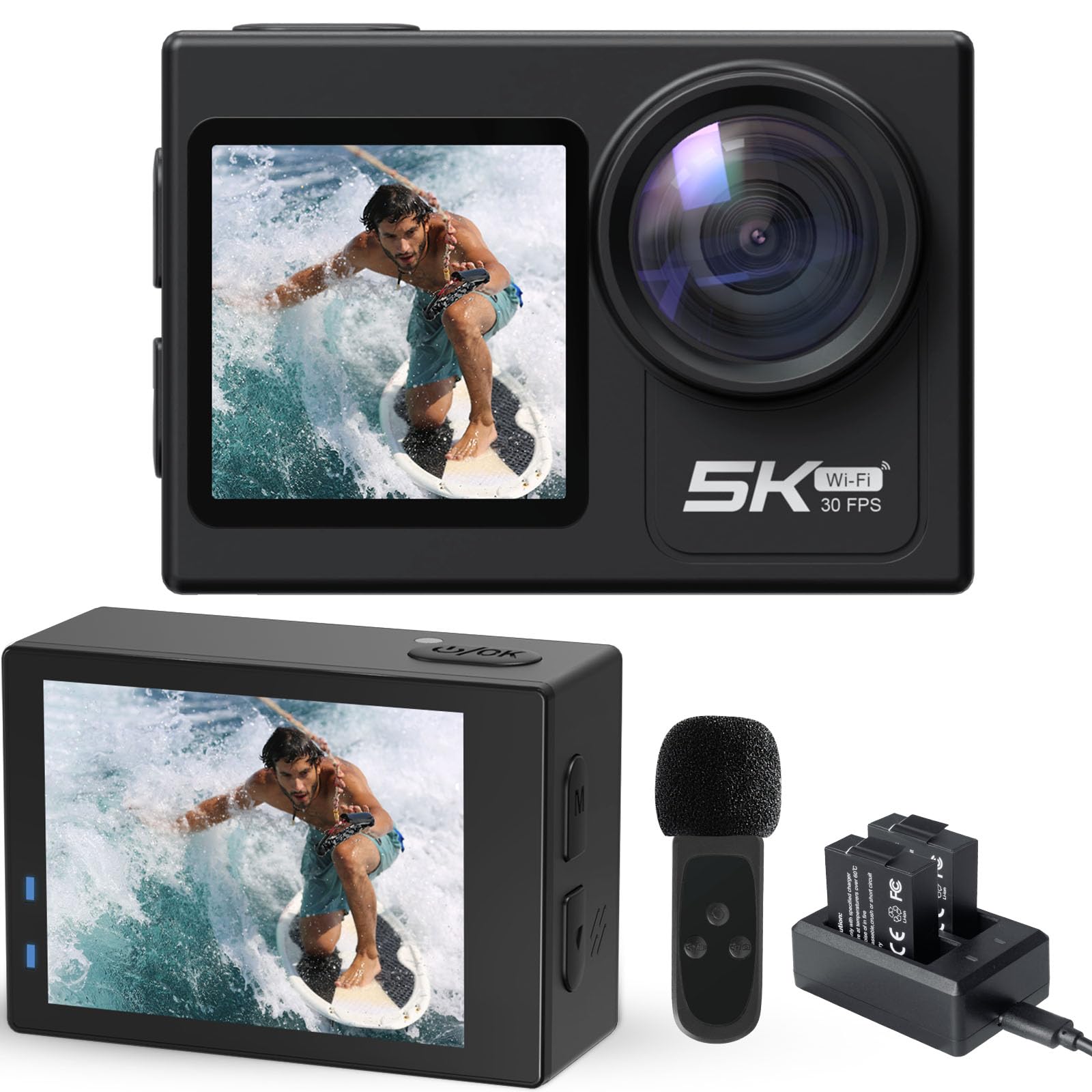 Action Camera 5K 30FPS Underwater Camera Snorkeling 131FT, Waterproof Camera with Audio and Video Recording, EIS Stabilization, Wireless Mic and Remote, 5X Zoom, 170° Wide-Angle Lens