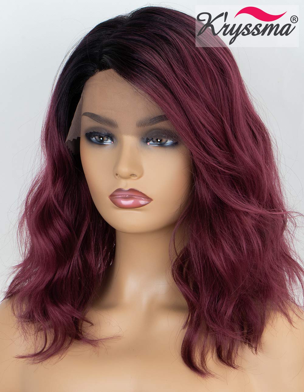 K'ryssma 99j Lace Front Wig Ombre L Part Short Bob Synthteic Wig with Deep Side Parting Burgundy Wigs for Women Wavy Ombre Wig with dark Roots