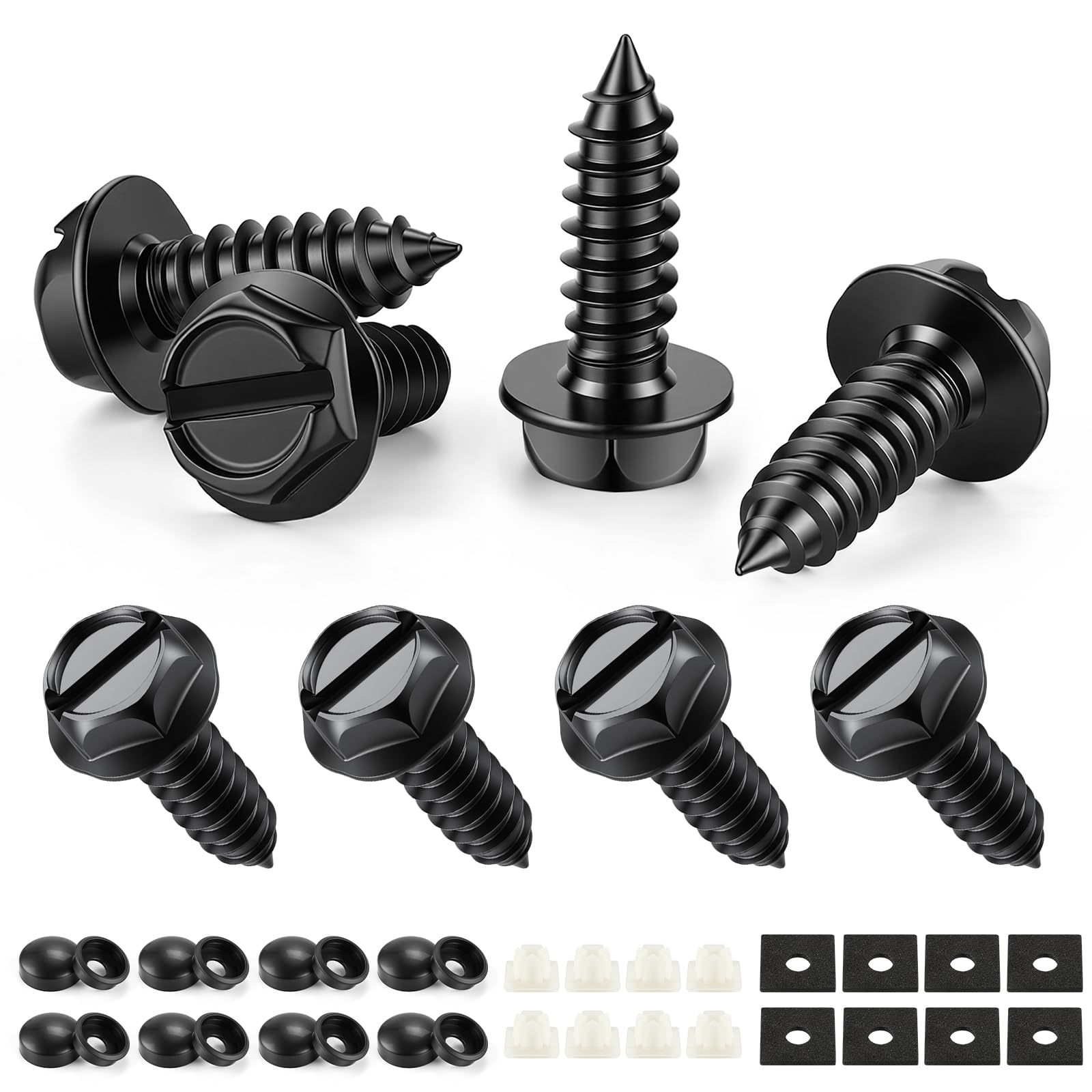 Rustproof License Plate Screws for Securing License Plates Frames and Covers on Cars and Trucks, 8 Sets Premium Stainless Steel Self Tapping Mounting Bolts (Black Zinc Plated)