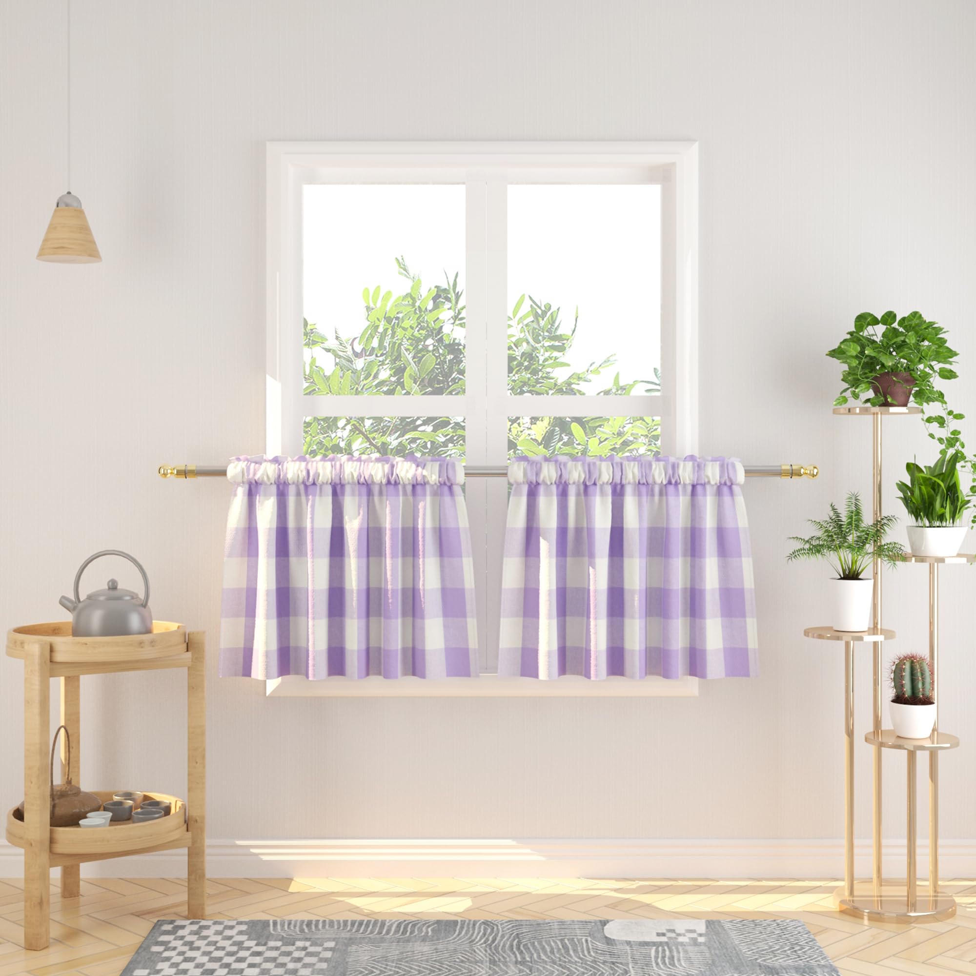 Window Curtain Valances 16 inches Long 2 Panels Buffalo Check Small Mini Short Half Window Curtain Cafe Bathroom Rod Pocket Classic Country Farmhouse Kitchen Tier Curtains - Lilac & White