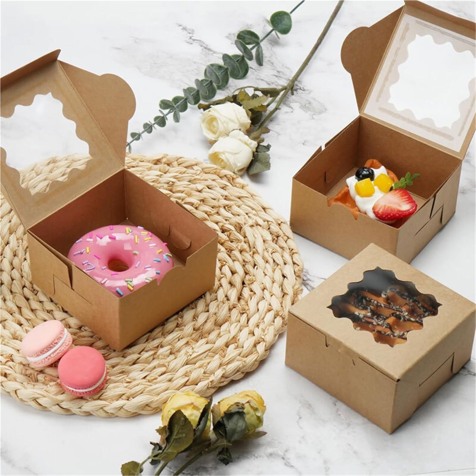 Caja Tarta de Cartón Con Ventana Transparente 50/100 Uds. Cajas for pasteles Kraft con ventana, 4x4x2,5 pulgadas, cajas de panadería for, chocolates y galletas(10Pcs)