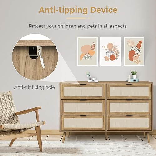 Miniatura 5 de Lyromix 6 cajones, soporte de TV ancho de madera para dormitorio, cómoda moderna de madera maciza de mediados de siglo con técnicas de manualidades