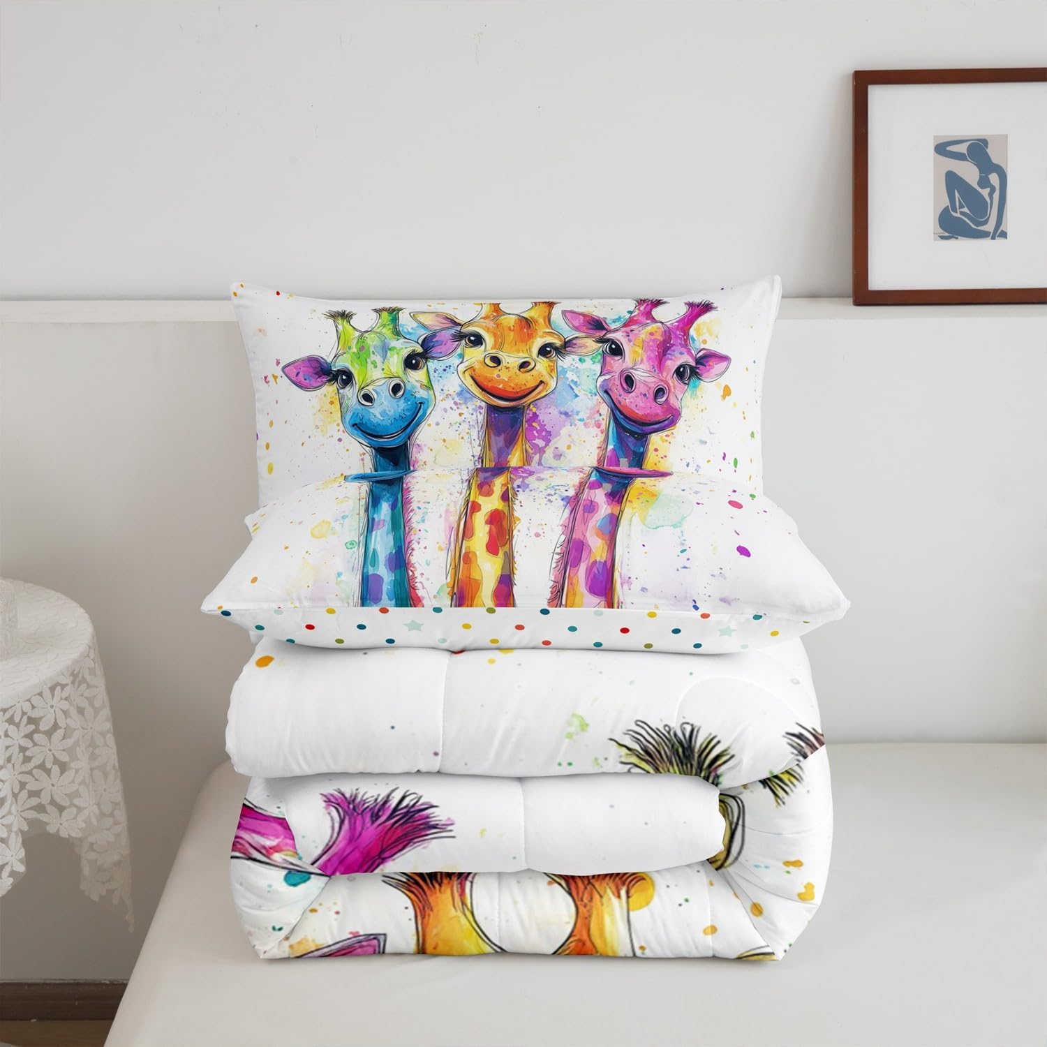 Manfei Watercolor Giraffe Comforter Set for Kids Adults,Rainbow Paint Graffiti African Wildlife Bedding Comforter Sets Twin,Hand Drawm Animals Cartoon Quilt Comforter with 1 Pillowcase
