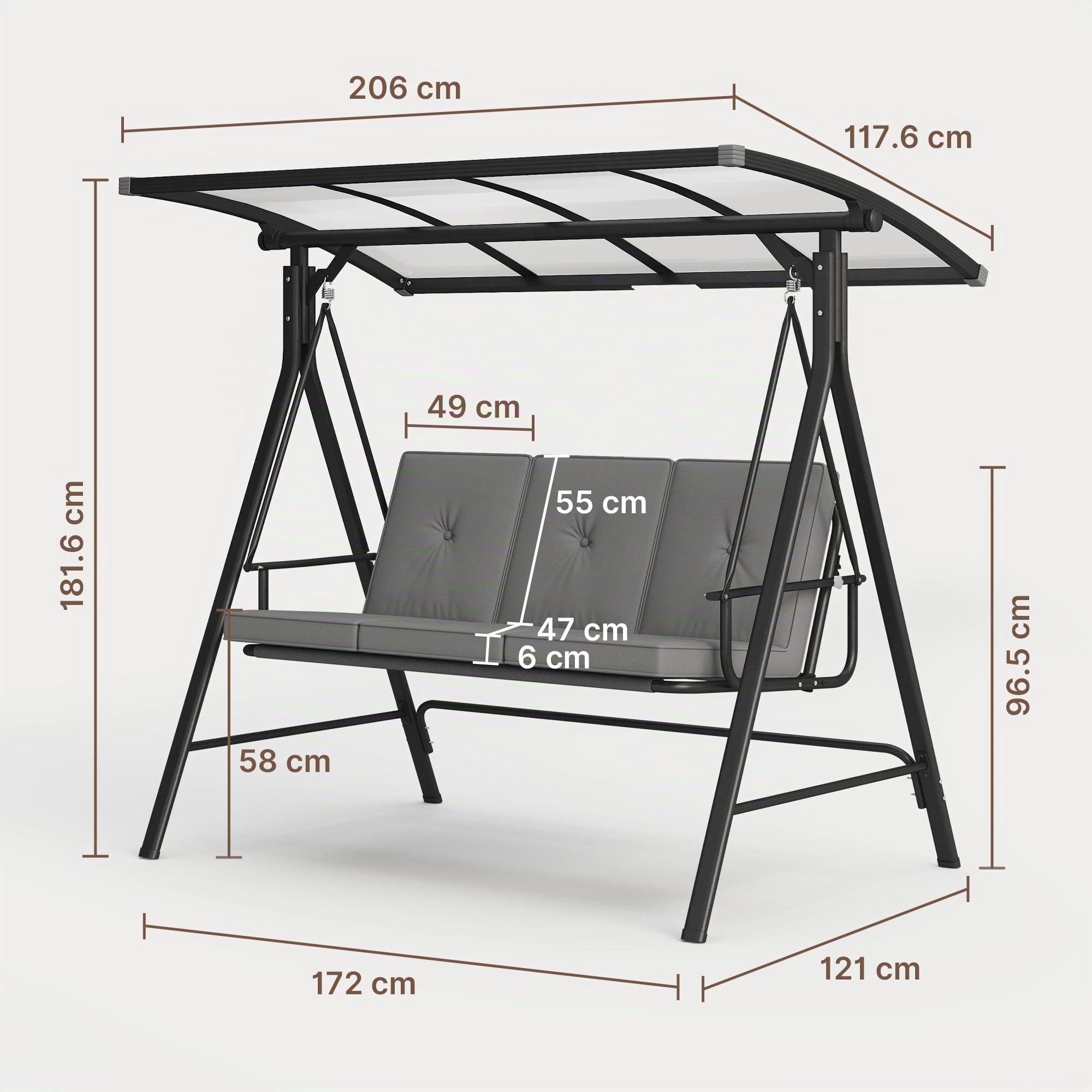 Dondolo da Giardino 3 Posti,Dondolo da Esterno con Tettuccio Parasole Regolabile,Impermeabile, Funzione Inclinabile e Letto, Assemblaggio Semplice, Grigio