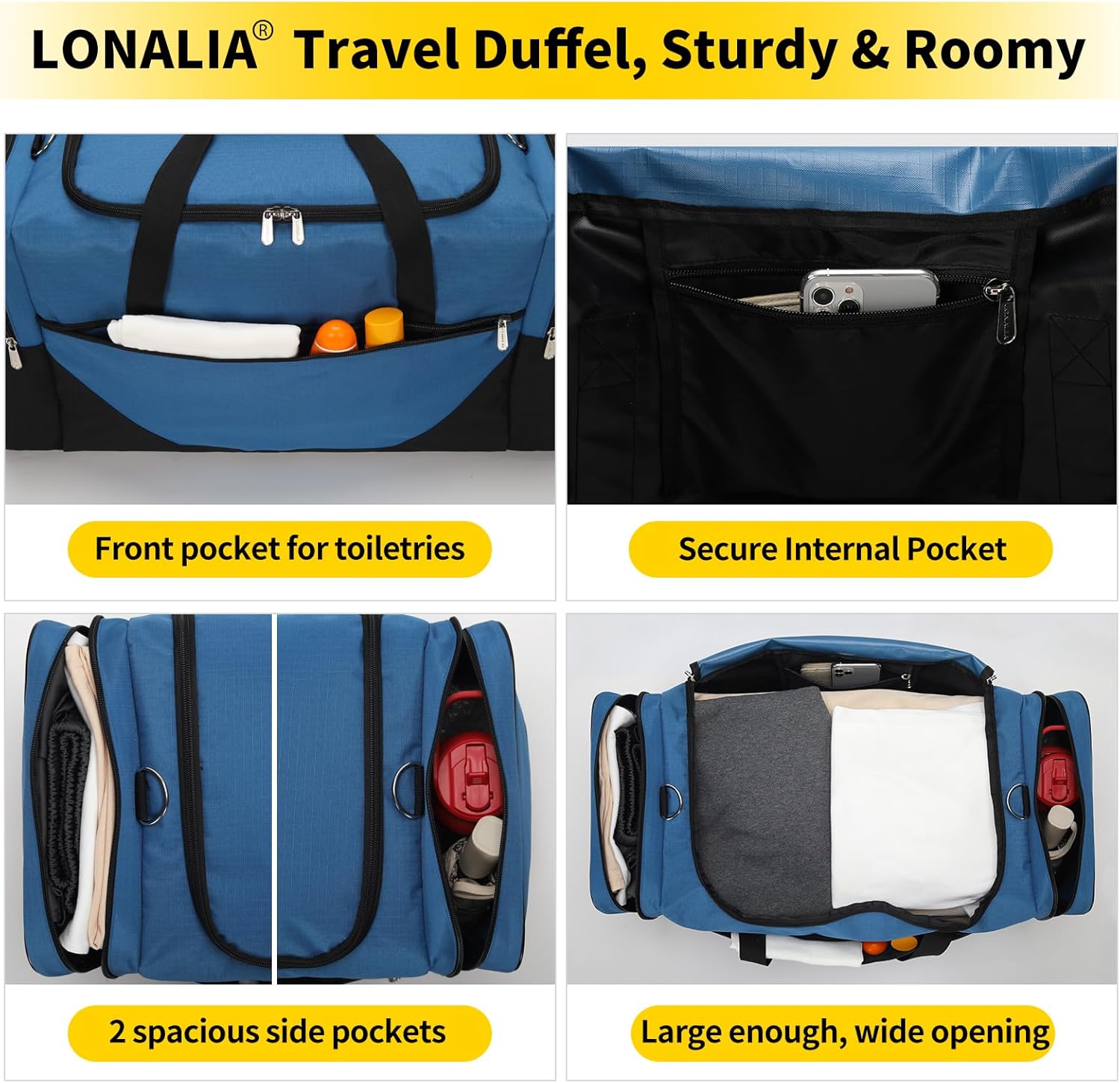 25 in Large Travel Duffel Bag for Men - 56L Roomy Weekender Bag for Gym with Trolley Sleeve (Blue)
