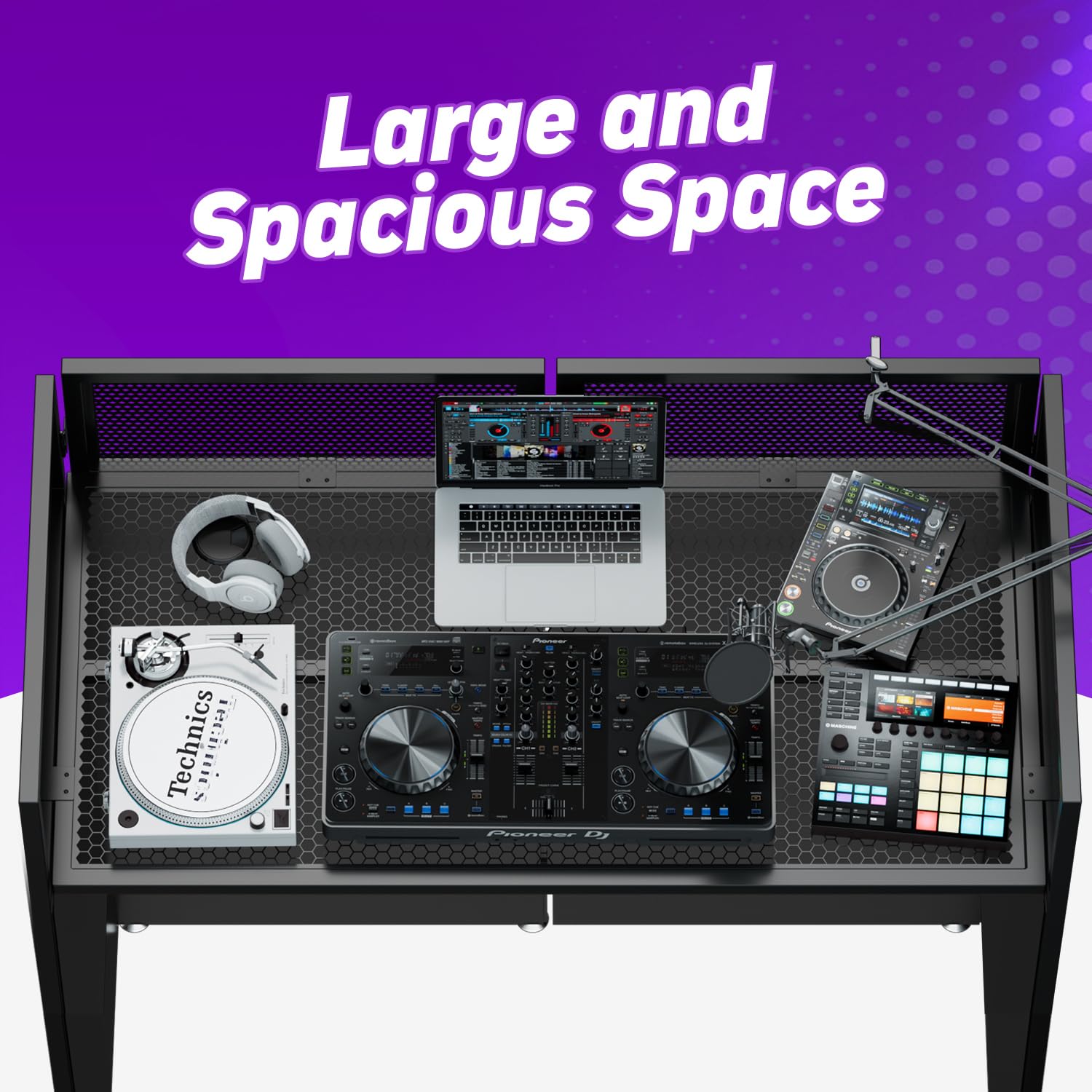 YooKoo Cabina de DJ plegable para un montaje rápido y sin herramientas, mesa de DJ con malla blanca y negra, marco de metal, soporte de DJ con agujero para cable, almohadilla antideslizante y bolsa de