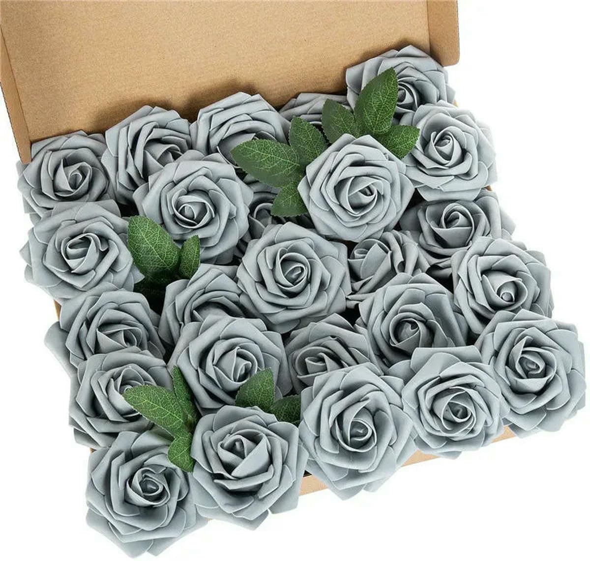AYHTUD 10~100pcs Rose Artificial Flowers Foam Fake Roses Wedding Bouquets Centerpieces Mothers Day Valentines Party Decoration-grey-25pcs no box leaves