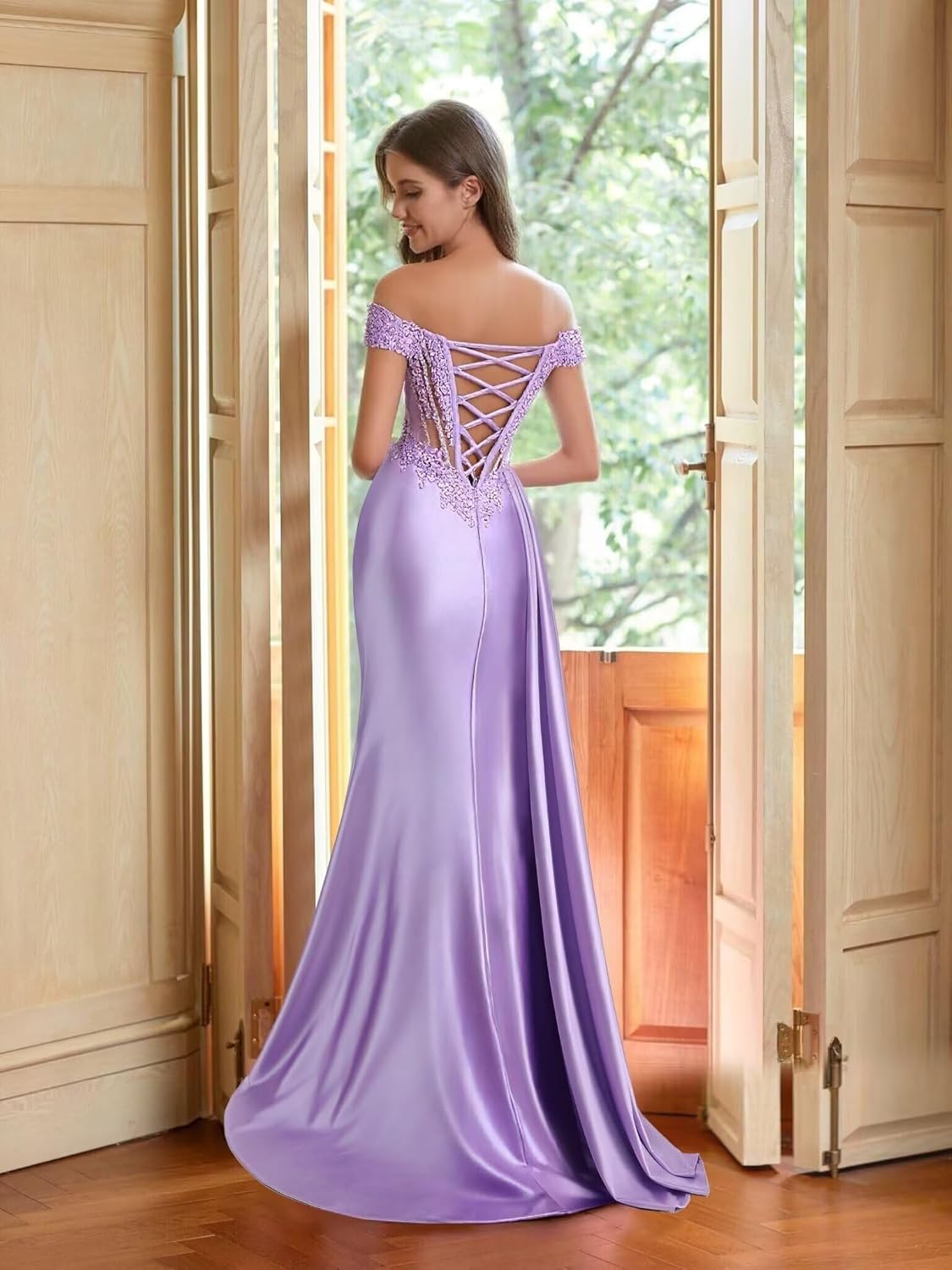 Tsbridal Off Shoulder Satin Prom Dresses for Women Beaded Lace Mermaid Formal Dress Pleated Evening Gown with Slit