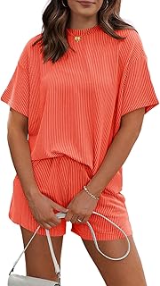 RUBZOOF Women's 2 Piece Sets Short Sleeve Outfits Ribbed Textured Knit Lounge Shorts Set Oversized Tracksuit Matching Sets