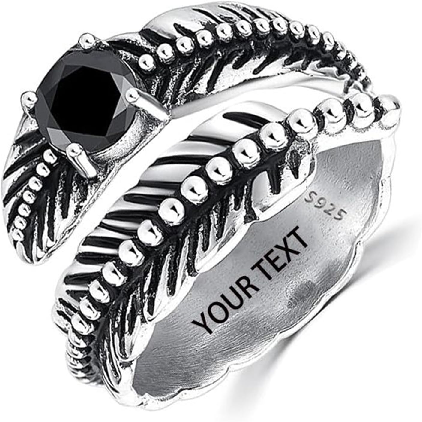 AVECON 925 Sterling Silver Black Onyx Adjustable Feather Ring