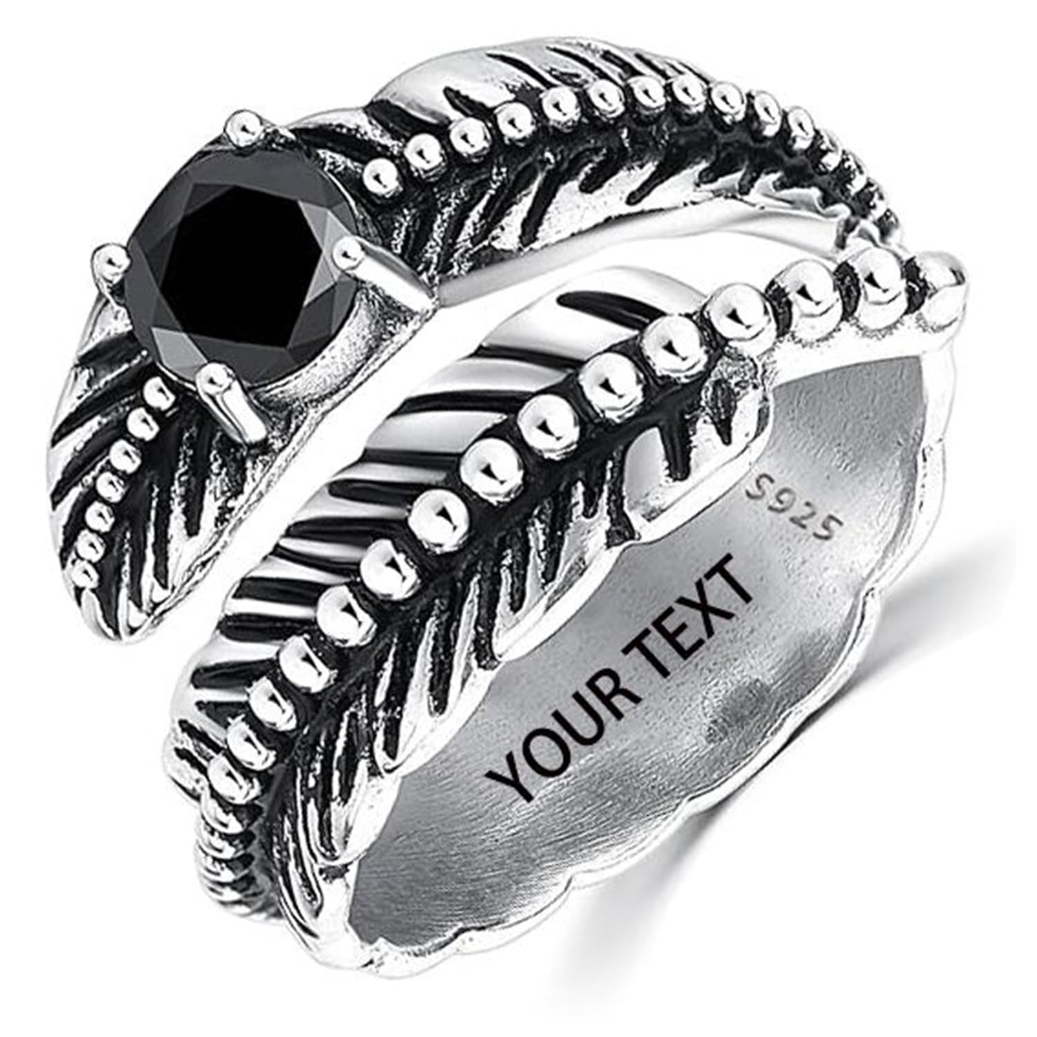 Sterling Silver Feather Ring with Black Onyx & Turquoise - Adjustable Stacking Vintage Statement Ring for Women & Men