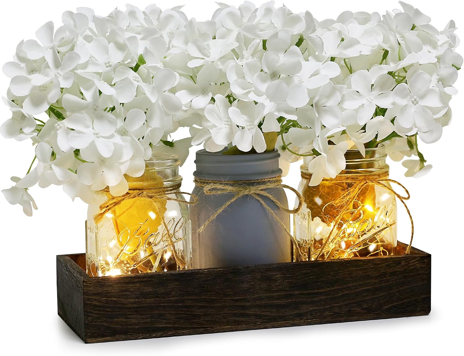 Nagobi Mason Jar Centerpiece Table Decor for Dining Room Farmhouse Coffee Table Decor with Wood Tray Fairy Lights Fake Flowers for Valentine's Day Kitchen Living Dining Room - White, 11 inches