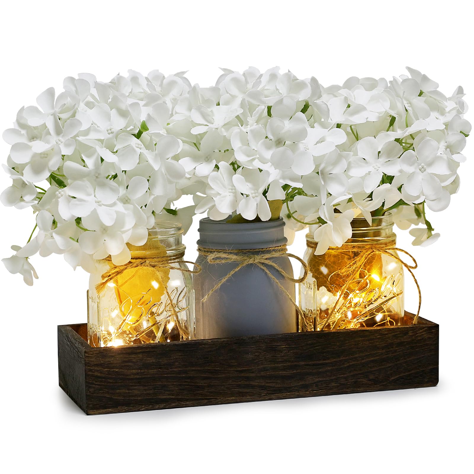 Photo 1 of Nagobi Mason Jar Centerpiece Table Decor for Dining Room Farmhouse Coffee Table Decor with Wood Tray Fairy Lights Fake Flowers for Valentine's Day Kitchen Living Dining Room - White