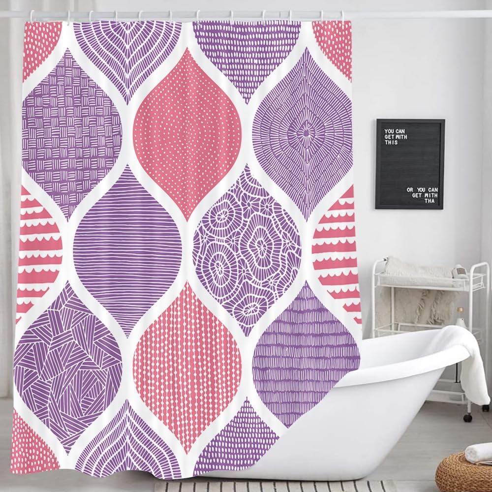 Pink and Purple Shower Curtain for Bathroom, Light Pink White Dark Purple Bohemian Chic Geometric Pattern Fabric Shower Curtains Set, Modern Paisley Restroom Decor Accessories with Hooks 72X75Inches