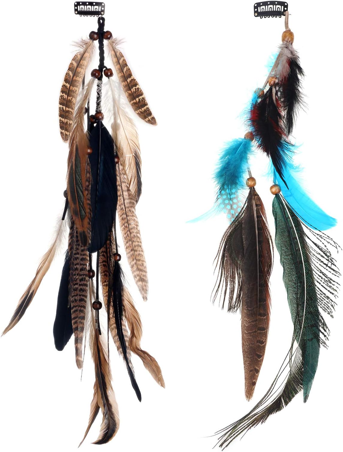 MWOOT 2Pcs Feather Hair Clip-in Extensions for Women Halloween Cosplay Costume Carnival Party Headdress, Handmade Bohemian Hippie Hair Clip Comb, Mixed Peacock Pheasant Tails Feather Clips Black Brown