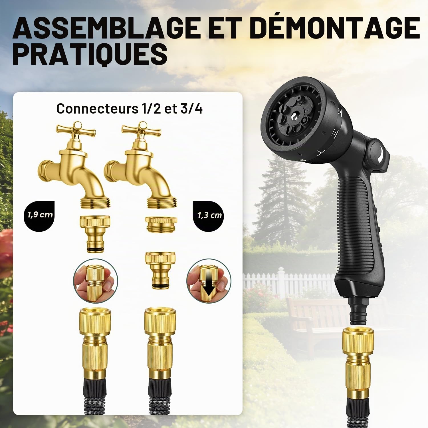 Tuyau Arrosage Extensible 30 m, Disdarkday Tuyau D’arrosage Extensible avec 1/2" et 3/4" Adaptateurs, 10 Modes d'Arrosage, Latex Triple Épaisseur Durable avec Raccords et Sac, Noir