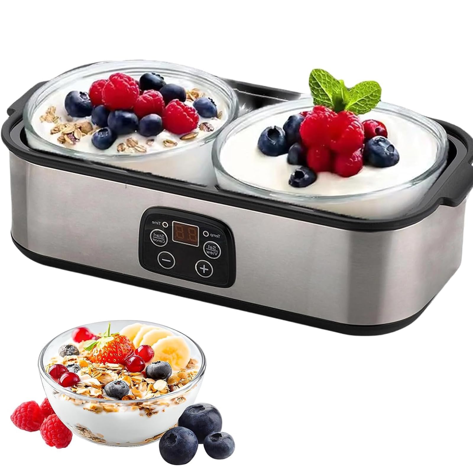 Yogurtiera Automatica da 2000 ml con 2 vasetti di Vetro, Yogurtiera in Acciaio Inossidabile con Display a LED, Controllo Tempo e Temperatura Regolabile fino a 48 Ore, per Yogurt Biologico Fatto in Cas