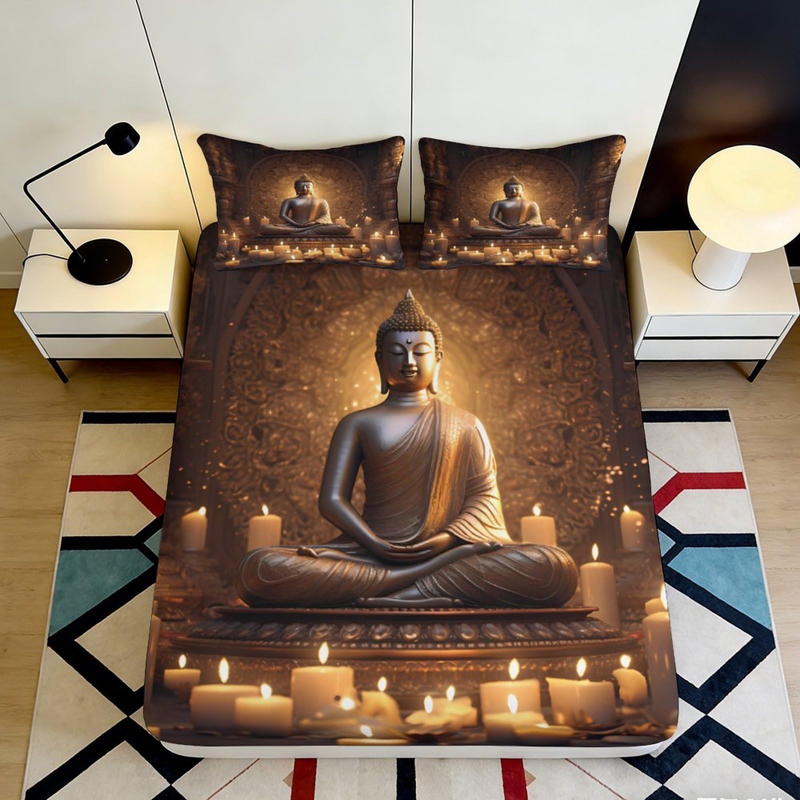 3D Printed Buddha Statue Fitted Sheet Microfiber Soft Durable Candlelight Bed Cover for Bedroom Dormitory Guest Room Mattress Protection 120x200x25cm