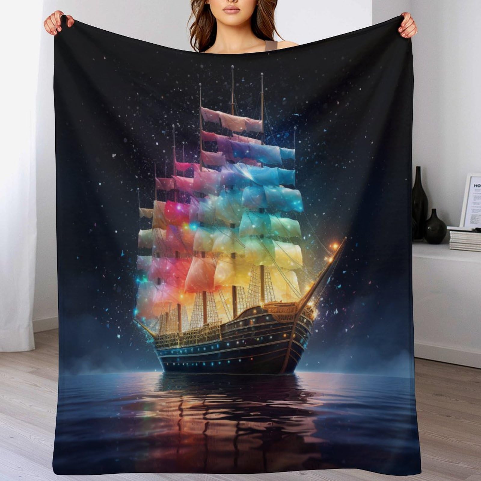 Couverture flanelle chaude et douce motif voilier pour lit ou canapé