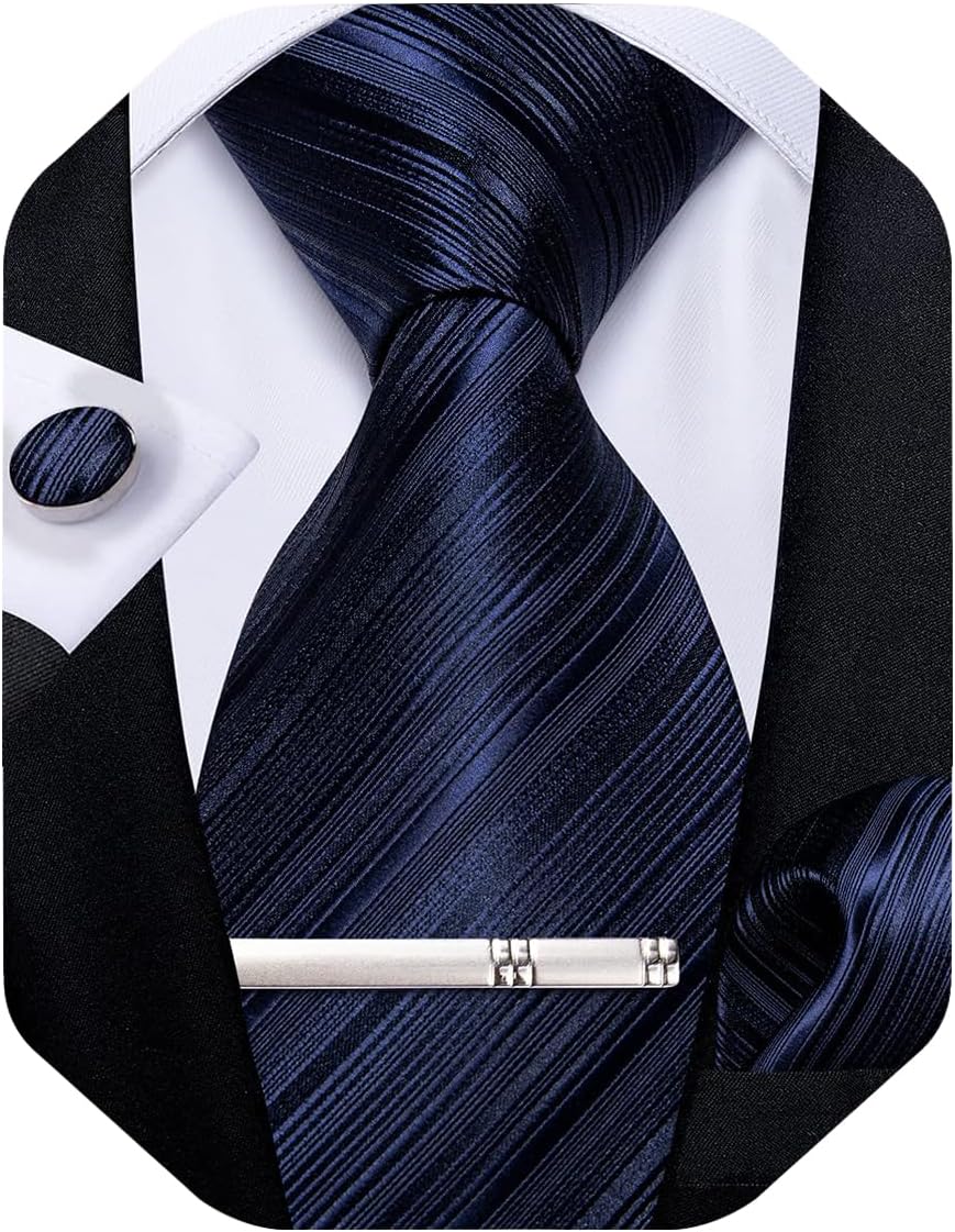 DiBanGu Mens Silk Necktie Solid Color Tie and Pocket Square Cufflink Tie Clip Set Woven Plain Ties for Men Wedding Party