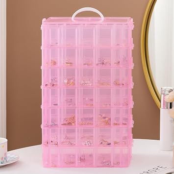 Gagee 7-Tier Craft Organizers and Storage,Bead Organizer Box with 70 Adjustable Compartments,Stackable Storage Containers for Arts and Crafts, Toy, Threads,Fuse Beads, Washi Tapes,Pink