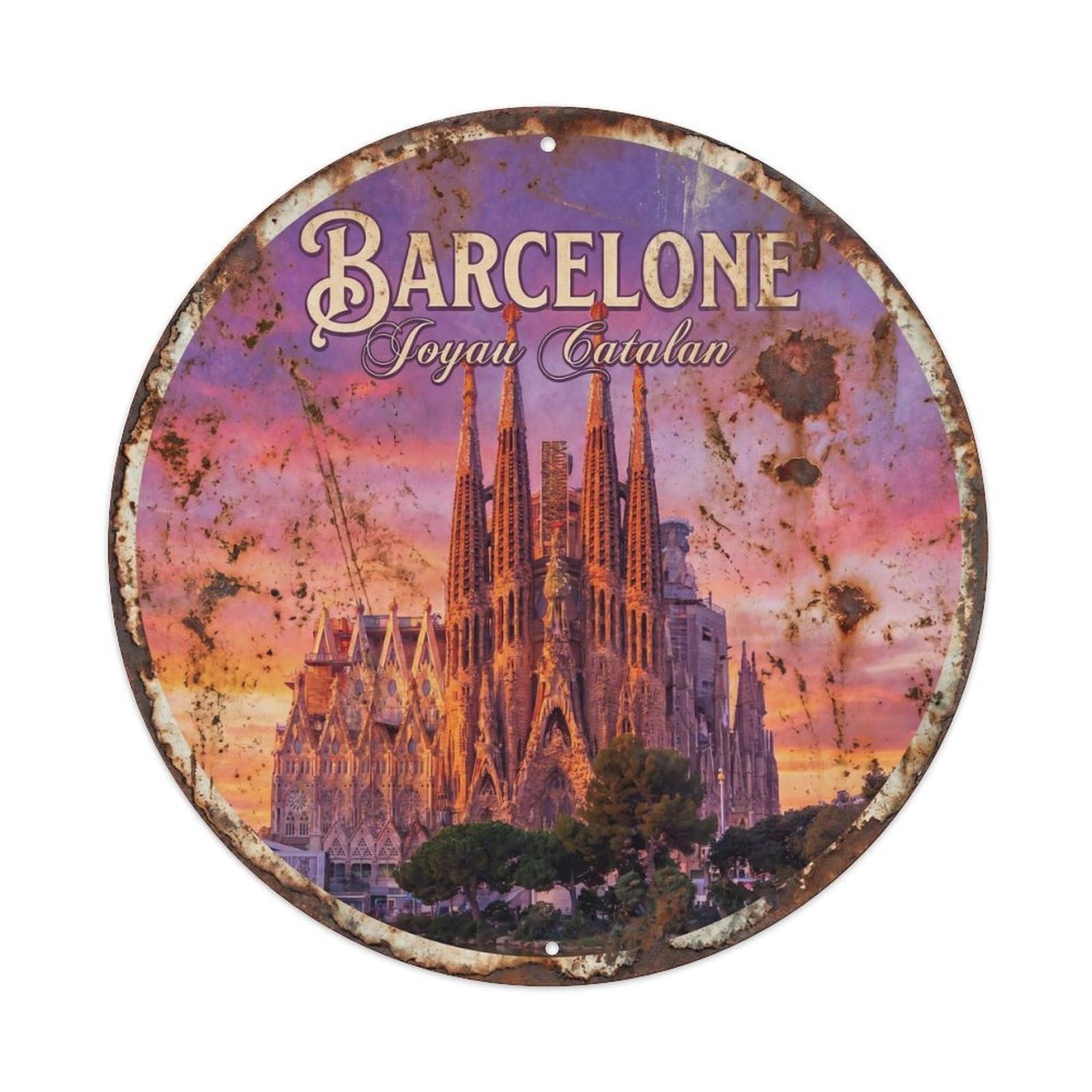 Vintage Travel Sagrada Familia Barcelona 1 Metal Tin Sign Plaque Wall Decor for Cafe, Club, Garden Round Metal Poster 8x8Inch