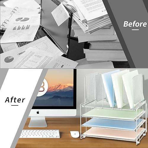 Miniatura 2 de Organizador de papel de escritorio con asa, bandejas de letras de 3 niveles con 5 soportes verticales para archivos, almacenamiento de papel,
