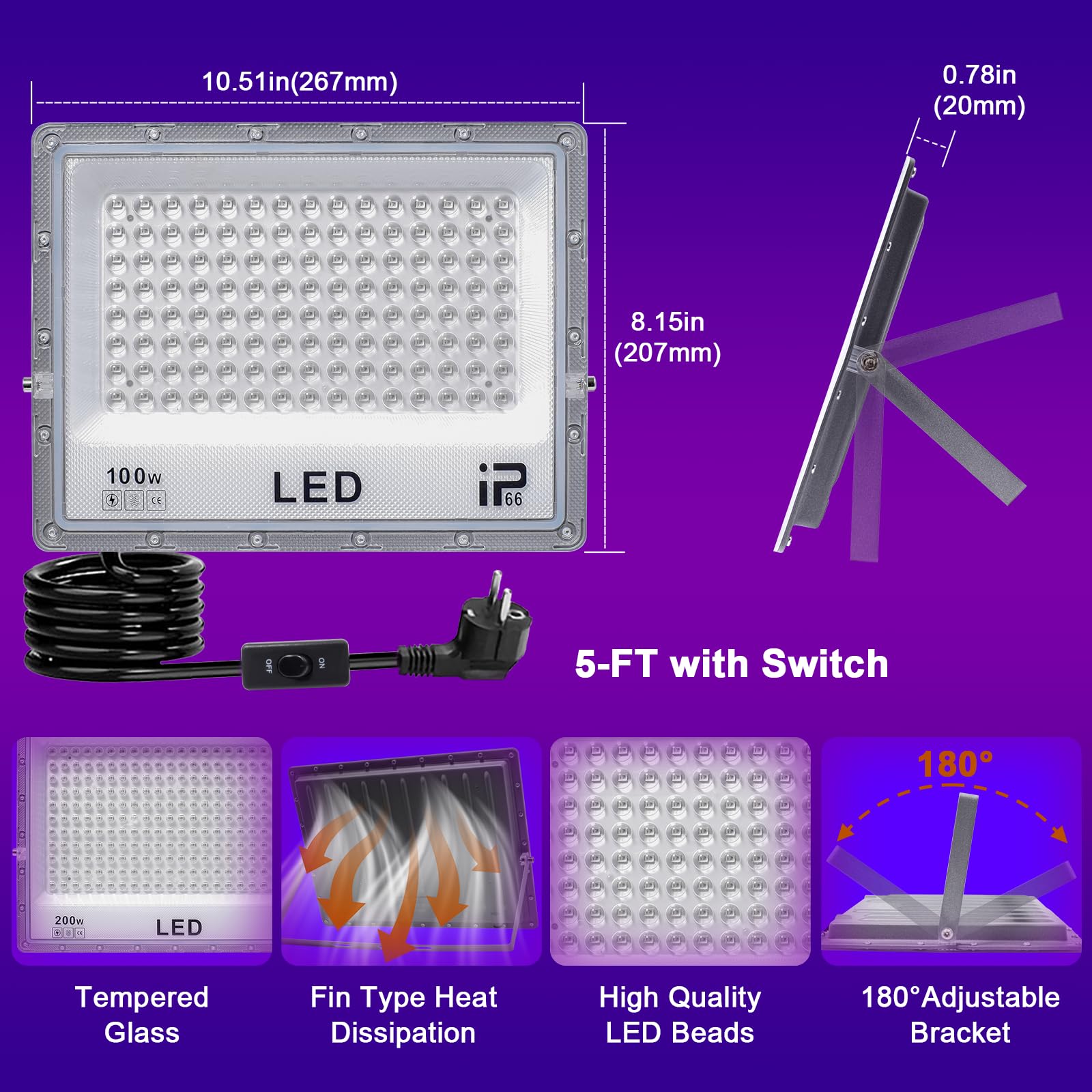 Luce UV LED 100W, Luce Nera uv 395-405nm, Faretto UV LED, Impermeabile IP66 Lampada ultravioletta, Faro uv per Festa fluorescente Halloween Natale Pittura del corpo